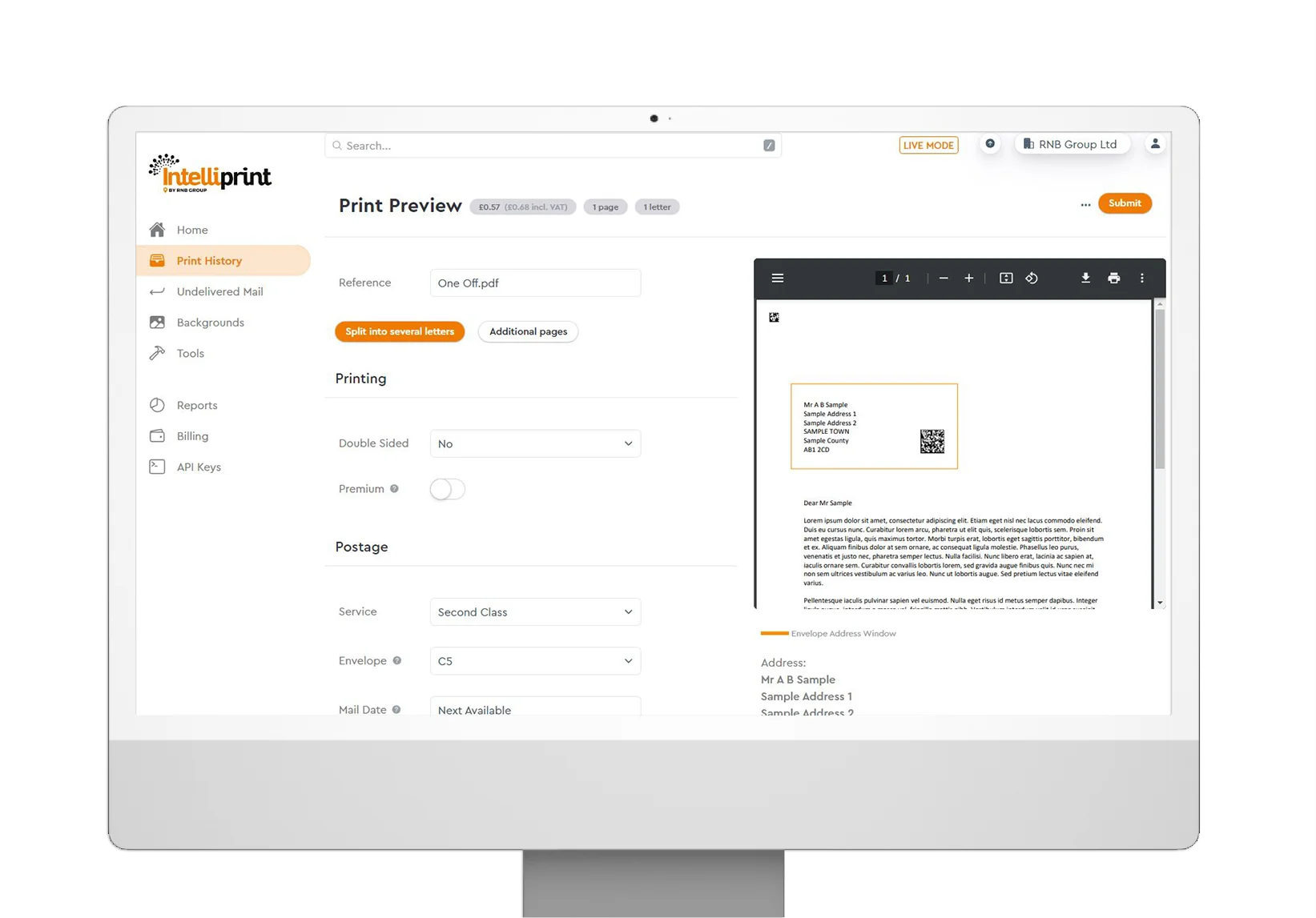 Intelliprint's interface showcasing online postage features